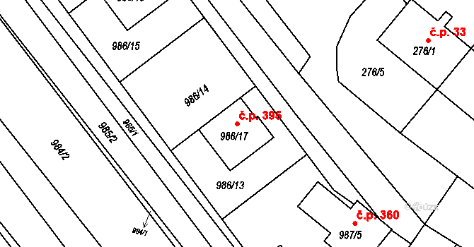 Šaratice 395 na parcele st. 986/17 v KÚ Šaratice, Katastrální mapa
