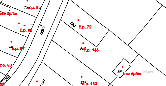 Lužany 143 na parcele st. 51/2 v KÚ Lužany u Přeštic, Katastrální mapa