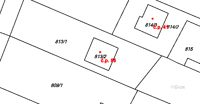 Komárovské Chaloupky 55, Opava na parcele st. 813/2 v KÚ Komárov u Opavy, Katastrální mapa