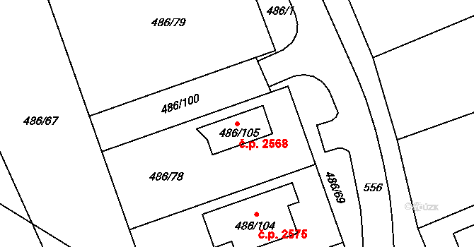 Blansko 2568 na parcele st. 486/105 v KÚ Horní Lhota u Blanska, Katastrální mapa