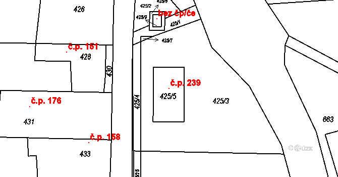 Šebrov 239, Šebrov-Kateřina na parcele st. 425/5 v KÚ Šebrov, Katastrální mapa