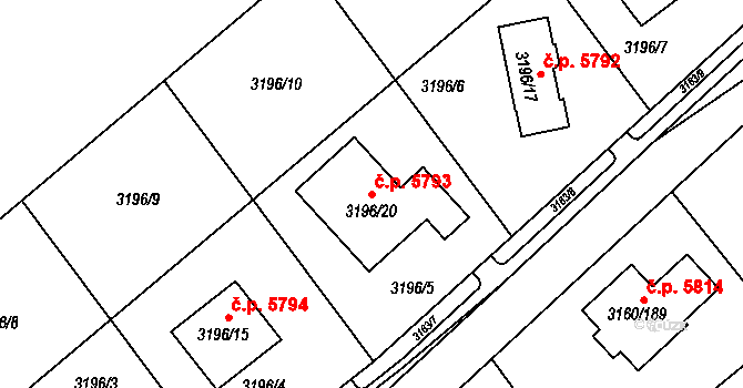 Chomutov 5793 na parcele st. 3196/20 v KÚ Chomutov II, Katastrální mapa