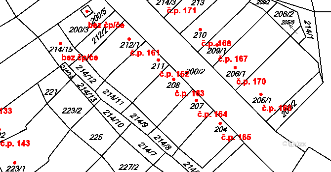 Uhřičice 163 na parcele st. 208 v KÚ Uhřičice, Katastrální mapa