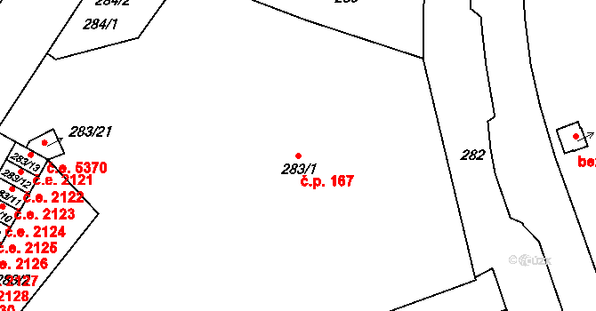 Jihlava 167 na parcele st. 283/1 v KÚ Jihlava, Katastrální mapa
