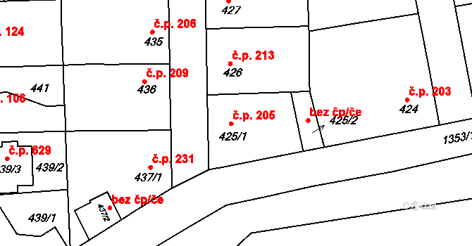 Tuchlovice 205 na parcele st. 425/1 v KÚ Tuchlovice, Katastrální mapa