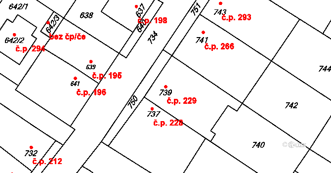Křelov 229, Křelov-Břuchotín na parcele st. 739 v KÚ Křelov, Katastrální mapa