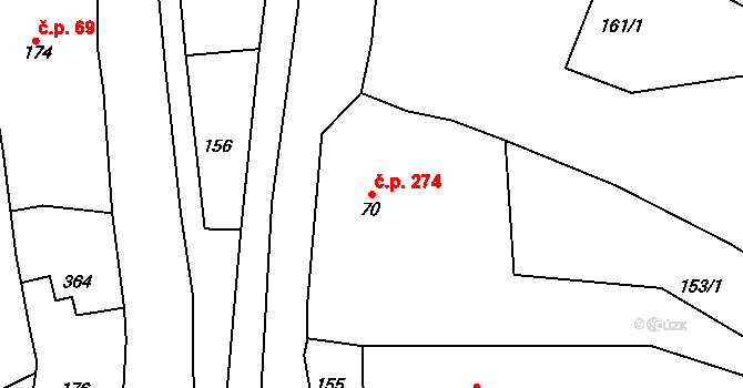 Šumvald 274 na parcele st. 70 v KÚ Šumvald, Katastrální mapa