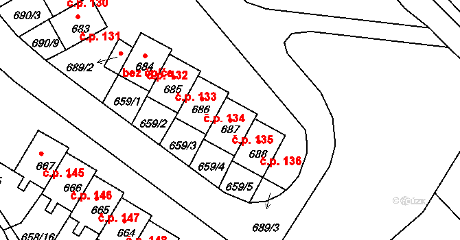 Mimoň V 135, Mimoň na parcele st. 687 v KÚ Mimoň, Katastrální mapa