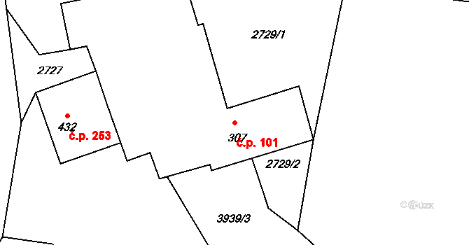 Čistá 101 na parcele st. 307 v KÚ Čistá u Litomyšle, Katastrální mapa