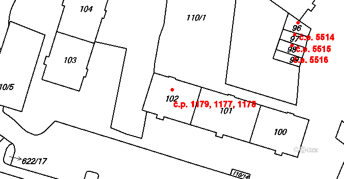 Kadaň 1177,1178,1179 na parcele st. 102 v KÚ Kadaň, Katastrální mapa