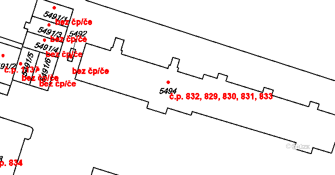 Nové Dvory 829,830,831,832,833, Třebíč na parcele st. 5494 v KÚ Třebíč, Katastrální mapa