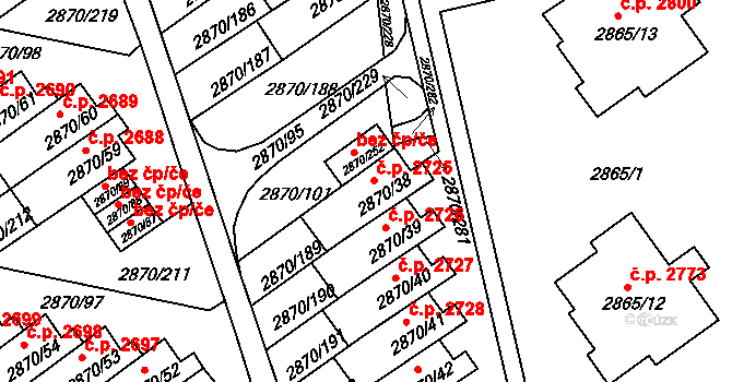 Teplice 2725 na parcele st. 2870/38 v KÚ Teplice, Katastrální mapa