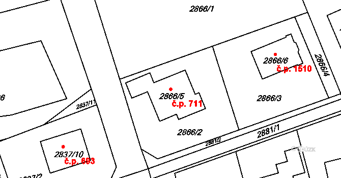 Frýdlant 711, Frýdlant nad Ostravicí na parcele st. 2866/5 v KÚ Frýdlant nad Ostravicí, Katastrální mapa