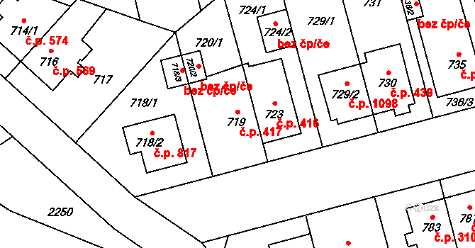 Hostivař 417, Praha na parcele st. 719 v KÚ Hostivař, Katastrální mapa