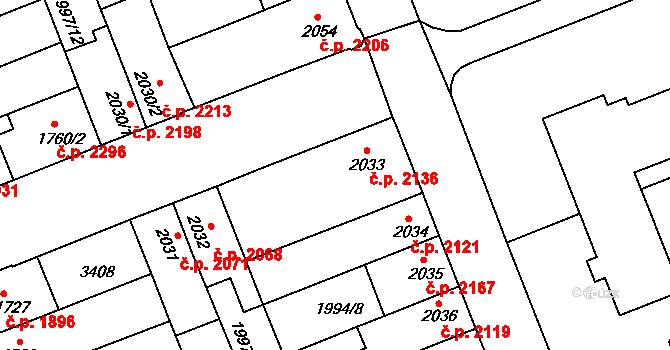 Hodonín 2136 na parcele st. 2033 v KÚ Hodonín, Katastrální mapa