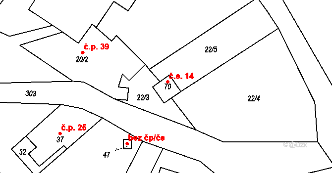 Obectov 14, Bouzov na parcele st. 70 v KÚ Obectov, Katastrální mapa
