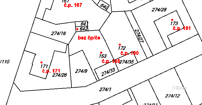 Věkoše 145, Hradec Králové na parcele st. 153 v KÚ Věkoše, Katastrální mapa