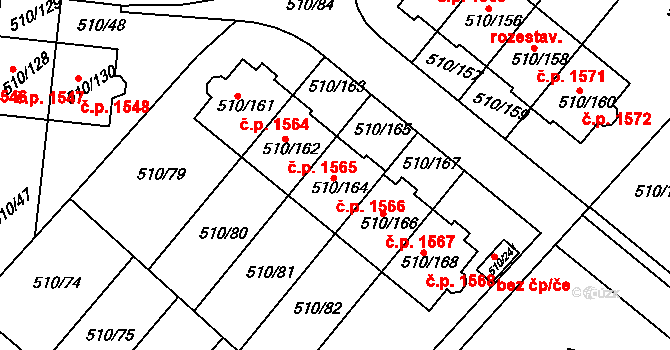 Hostivice 1566 na parcele st. 510/164 v KÚ Hostivice, Katastrální mapa
