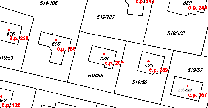 Horoušánky 209, Horoušany na parcele st. 389 v KÚ Horoušany, Katastrální mapa