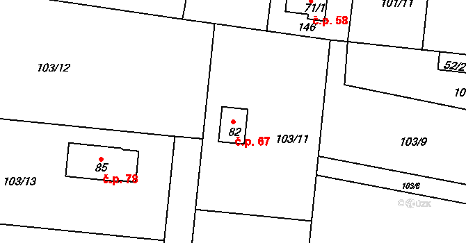 Lhotky 67, Malotice na parcele st. 82 v KÚ Lhotky u Malotic, Katastrální mapa