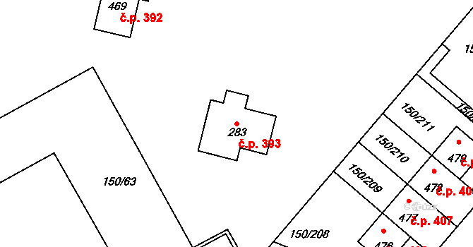 Mratín 393 na parcele st. 283 v KÚ Mratín, Katastrální mapa