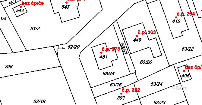 Luštěnice 273 na parcele st. 481 v KÚ Luštěnice, Katastrální mapa