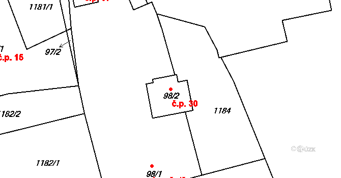 Strážovice 30, Křečovice na parcele st. 98/2 v KÚ Hořetice, Katastrální mapa