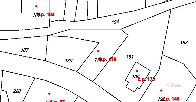 Veselá 119 na parcele st. 188 v KÚ Veselá u Zlína, Katastrální mapa