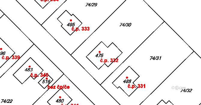 Broumy 332 na parcele st. 475 v KÚ Broumy, Katastrální mapa