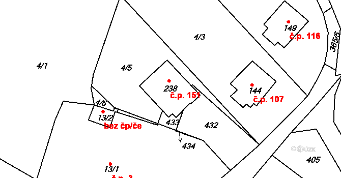 Tuchoraz 151 na parcele st. 238 v KÚ Tuchoraz, Katastrální mapa