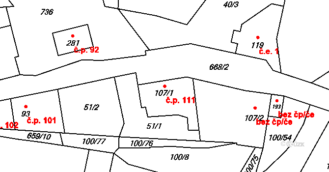Dřetovice 111 na parcele st. 107/1 v KÚ Dřetovice, Katastrální mapa