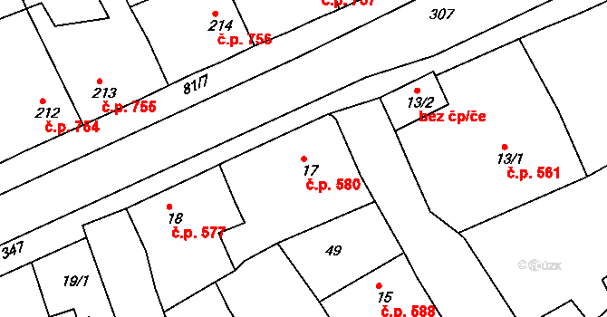 Rudná 580 na parcele st. 17 v KÚ Hořelice, Katastrální mapa