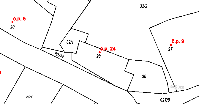 Třebýcina 24, Měčín na parcele st. 28 v KÚ Třebýcina, Katastrální mapa