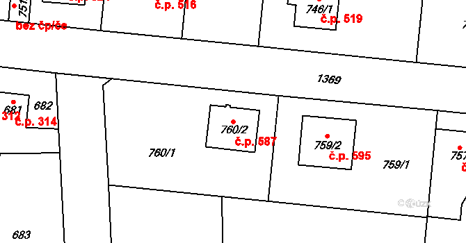 Vejprnice 587 na parcele st. 760/2 v KÚ Vejprnice, Katastrální mapa