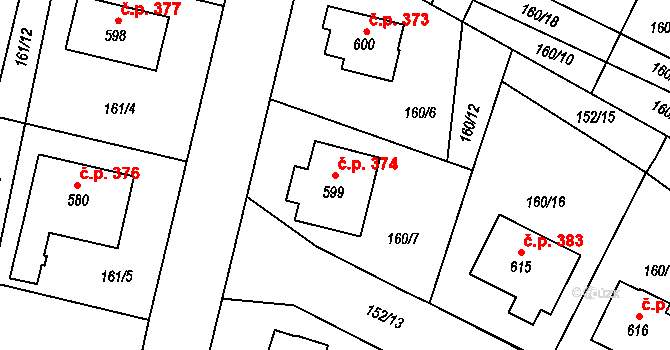 Stachy 374 na parcele st. 599 v KÚ Stachy, Katastrální mapa