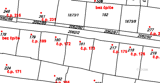 Merklín 173 na parcele st. 181 v KÚ Merklín u Přeštic, Katastrální mapa