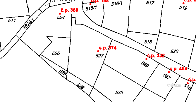 Klobouky u Brna 374 na parcele st. 527 v KÚ Klobouky u Brna, Katastrální mapa