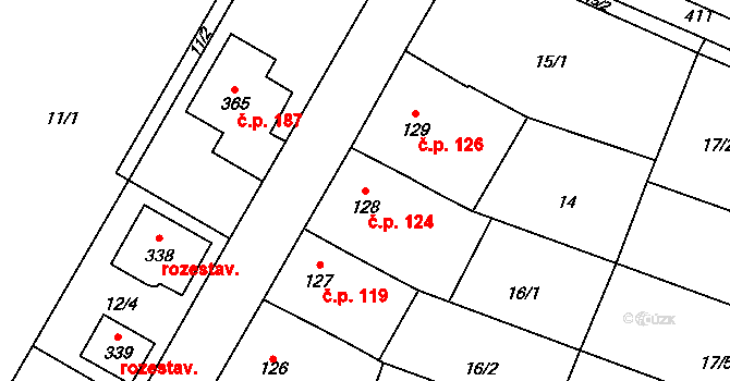 Těšnovice 124, Kroměříž na parcele st. 128 v KÚ Těšnovice, Katastrální mapa