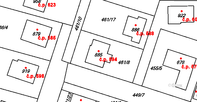 Chotěšov 594 na parcele st. 885 v KÚ Chotěšov, Katastrální mapa