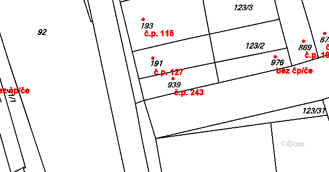 Telč-Štěpnice 243, Telč na parcele st. 939 v KÚ Telč, Katastrální mapa