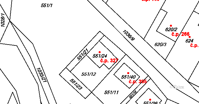 Tetčice 327 na parcele st. 551/24 v KÚ Tetčice, Katastrální mapa