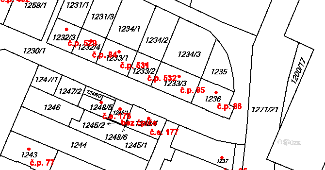 Zastávka 85 na parcele st. 1233/3 v KÚ Zastávka, Katastrální mapa