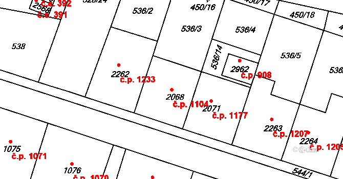 Kyjov 1104 na parcele st. 2068 v KÚ Kyjov, Katastrální mapa