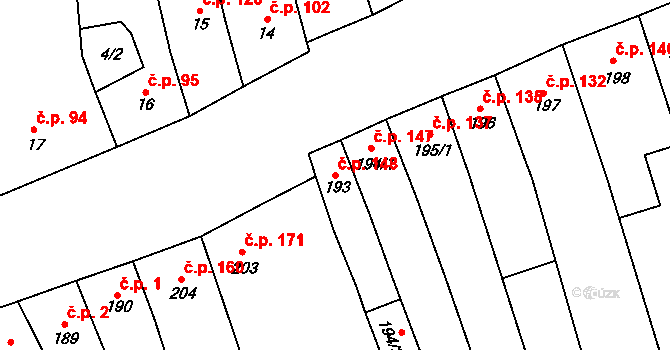 Cerhovice 148 na parcele st. 193 v KÚ Cerhovice, Katastrální mapa