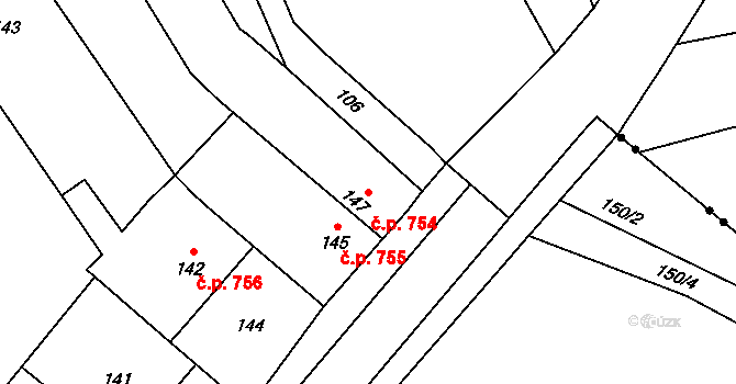 Březce 754, Štěpánov na parcele st. 147 v KÚ Březce, Katastrální mapa