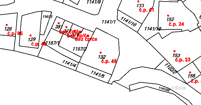 Rožmberk nad Vltavou 45 na parcele st. 132 v KÚ Rožmberk nad Vltavou, Katastrální mapa