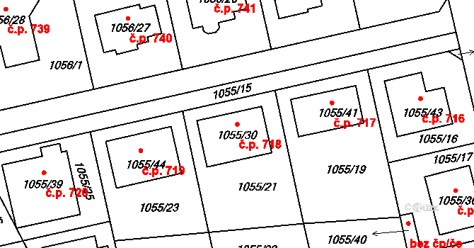 Březnice 718 na parcele st. 1055/30 v KÚ Březnice, Katastrální mapa