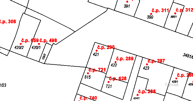 Lysá nad Labem 290 na parcele st. 421 v KÚ Lysá nad Labem, Katastrální mapa