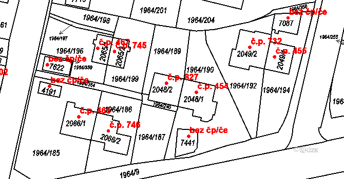 Borovina 827, Třebíč na parcele st. 2048/2 v KÚ Třebíč, Katastrální mapa