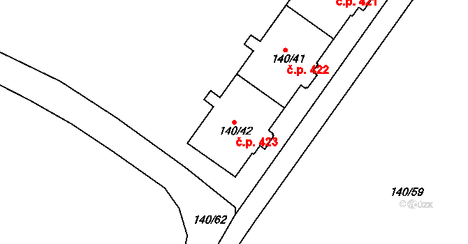 Lhotka 423, Praha na parcele st. 140/42 v KÚ Lhotka, Katastrální mapa